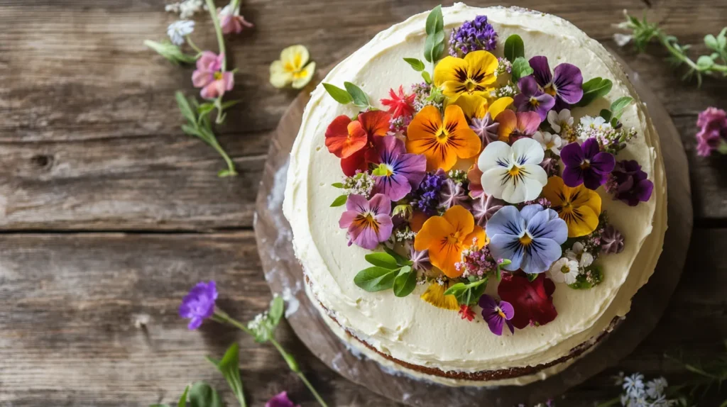 bolo com flores comestíveis