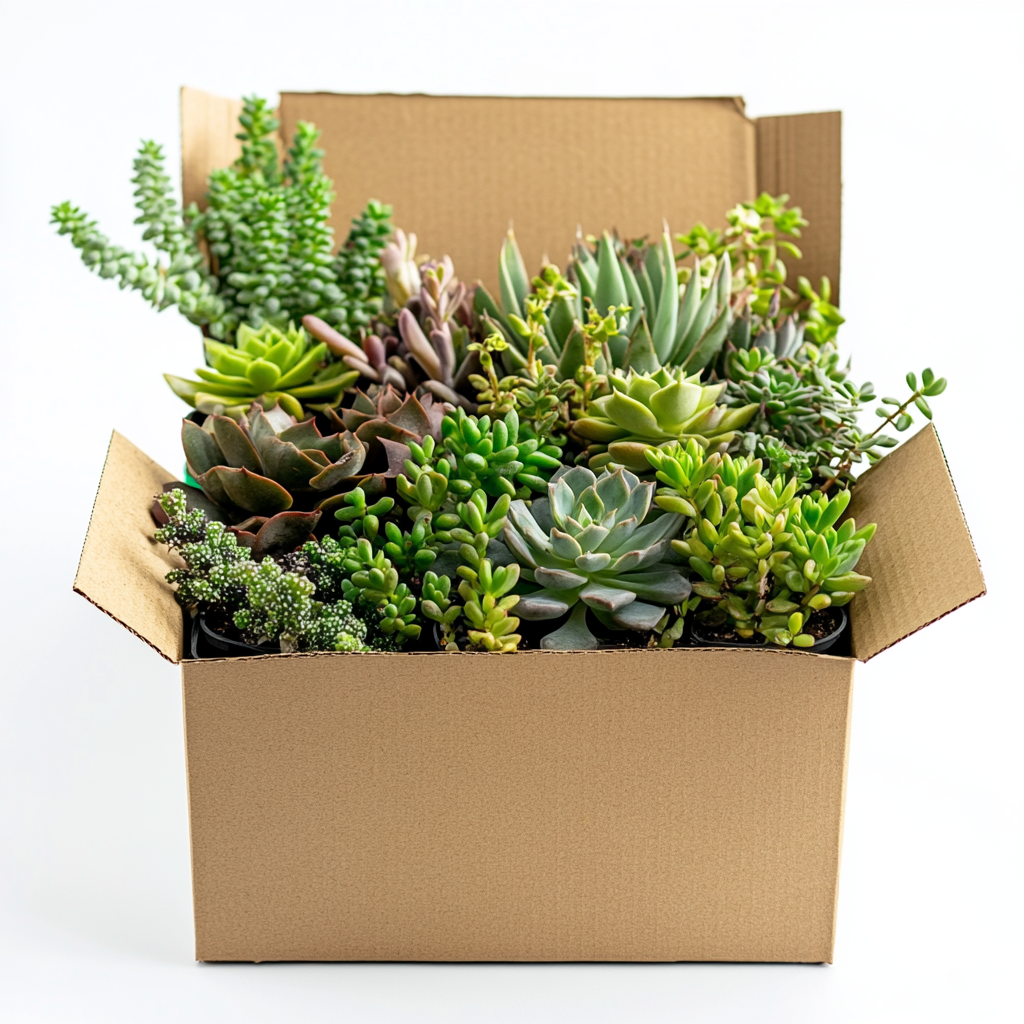 parmejana a cardboard box full of succulent plants white backgr 459274df fefc 4c06 b505 4384b4712e86