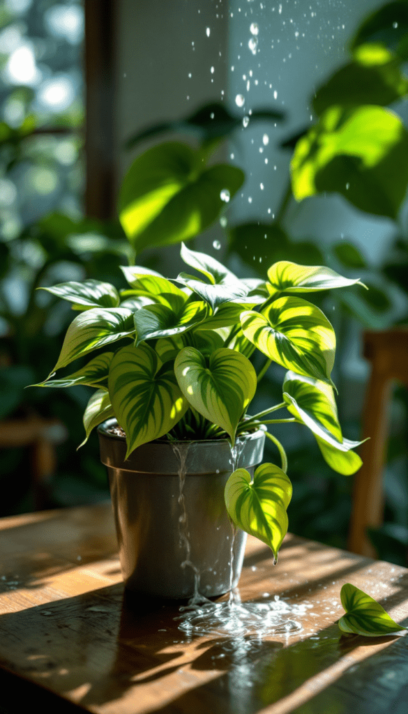 uma planta jiboia Epipremnum sendo regada